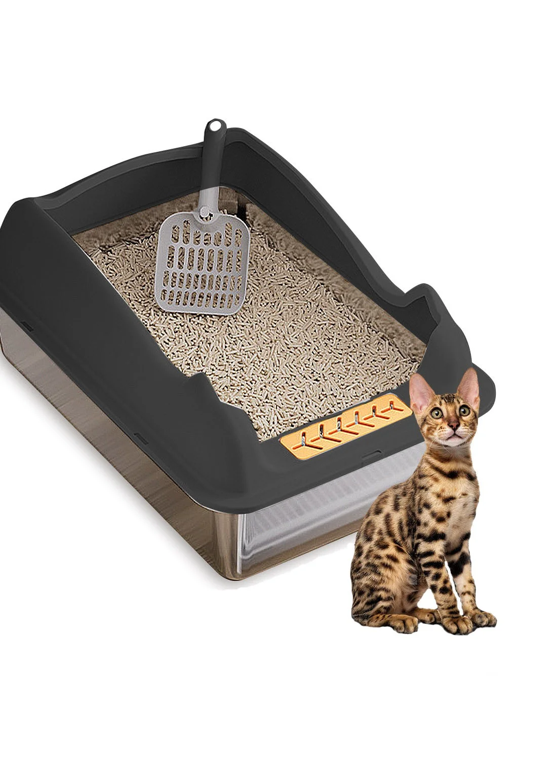 Kidle Stainless Steel Cat Litter Box High-Sided Metal Tray for Easy Cleaning (Large) q5p8c