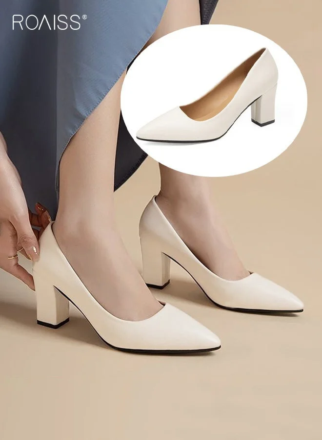 Roaiss Women's Pointed Toe Classic Thick Heel Pumps (Solid Color, 7 cm) Premium PU Leather Work Shoes for Office and Formal Events 0sdvj