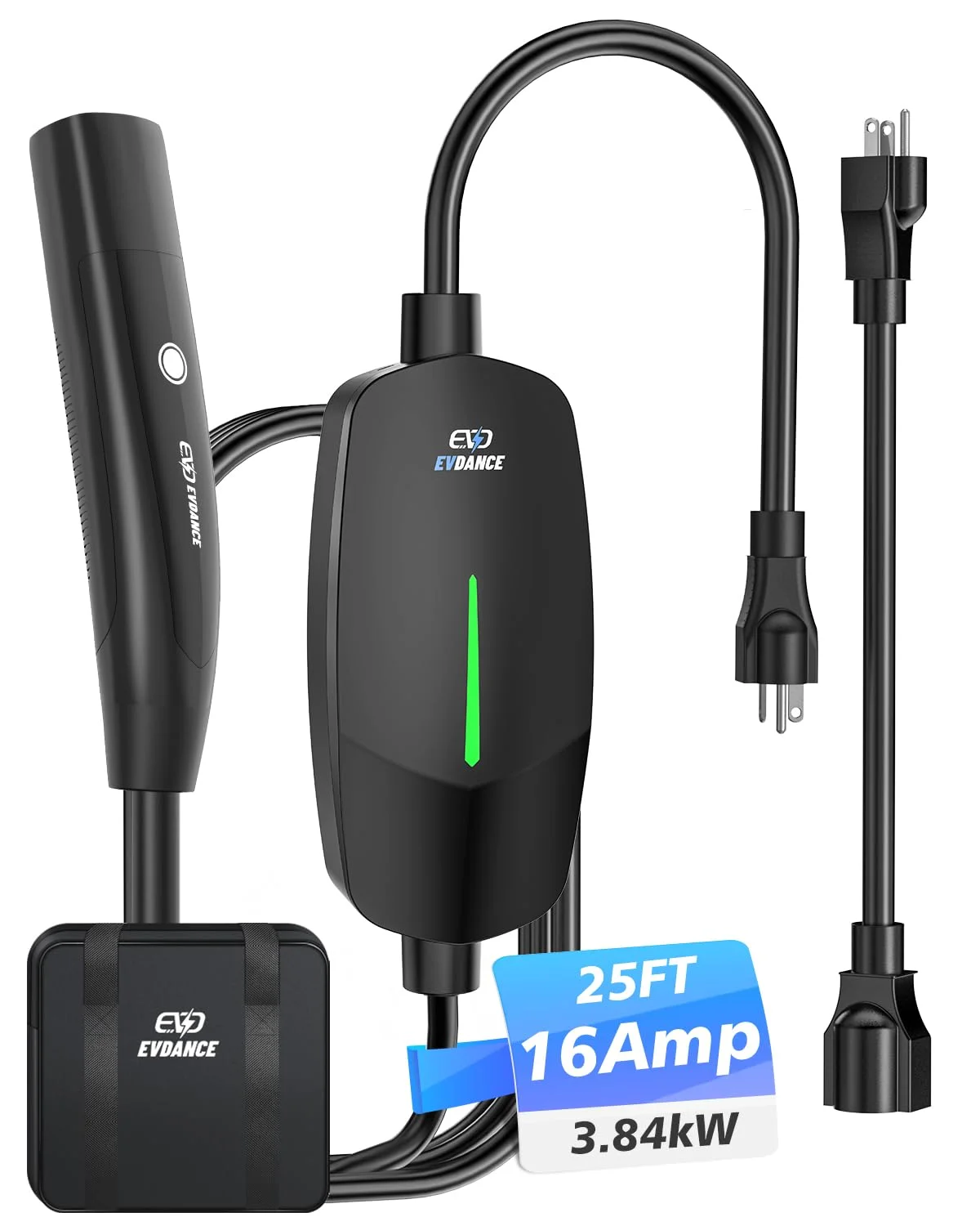 EVDANCE Portable Electric Vehicle Charger Level 1 16A 110V-240V Charging Cable (Black, 7.6m) e40sk