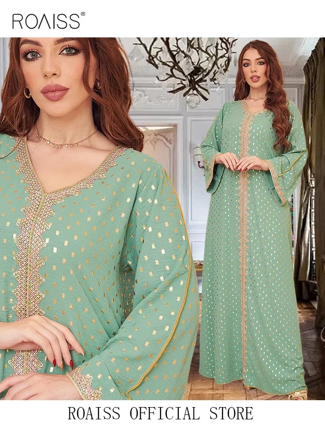 Roaiss Women V-Neck Polka Dot Maxi Dress Elegant Abaya Style Banquet Wedding Party Gown (One Size) e0lwq