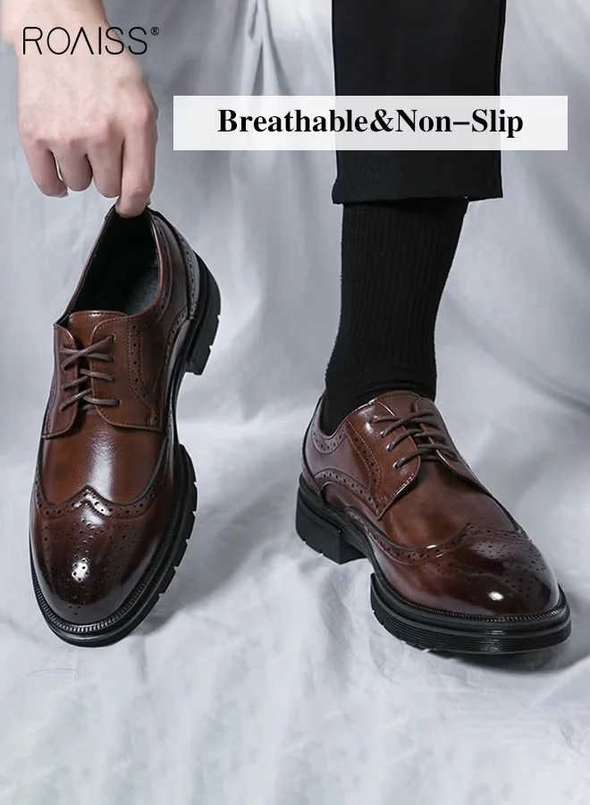 Roaiss Formal PU Leather Brogue Shoes for Men Premium Burnished Textured Dress Shoes for Business Wedding (Brown) ia68l