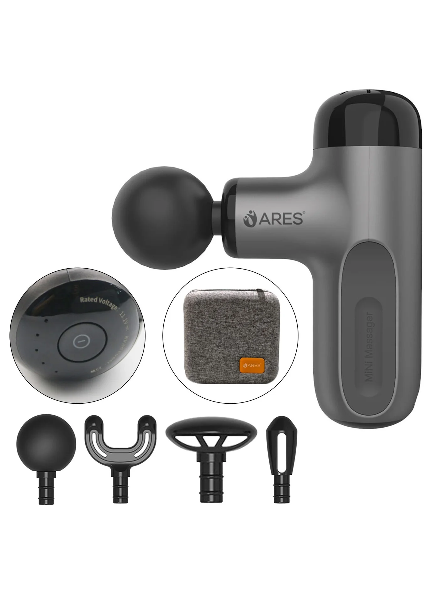 ARES Handheld Muscle Massager Deep Tissue Percussion Device with 5 Speed Levels and 4 Interchangeable Heads (2500mAh, 1 Unit) 9riwb