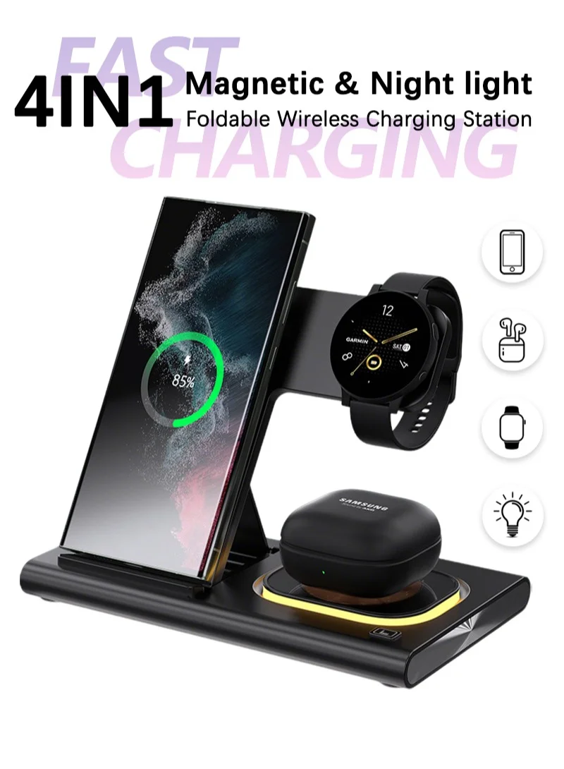 CAYGA 4-in-1 Foldable Wireless Charging Station Premium Fast Charger Stand for Smartphones Watches and Earbuds (Black) k3ofp