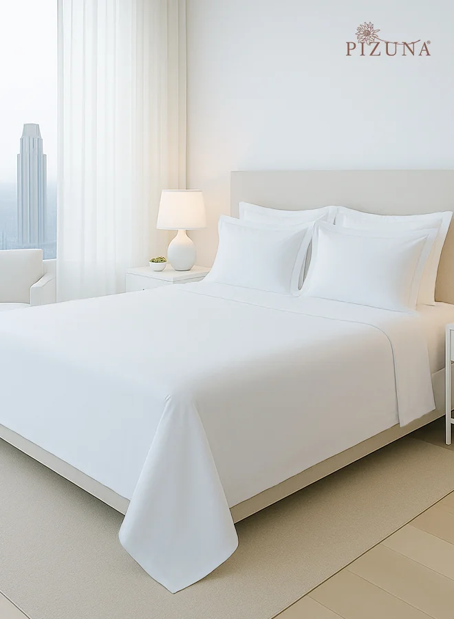 PIZUNA Pure Combed Cotton Bed Sheet Set 400 Thread Count Sateen Weave (White, Queen Size) h710p