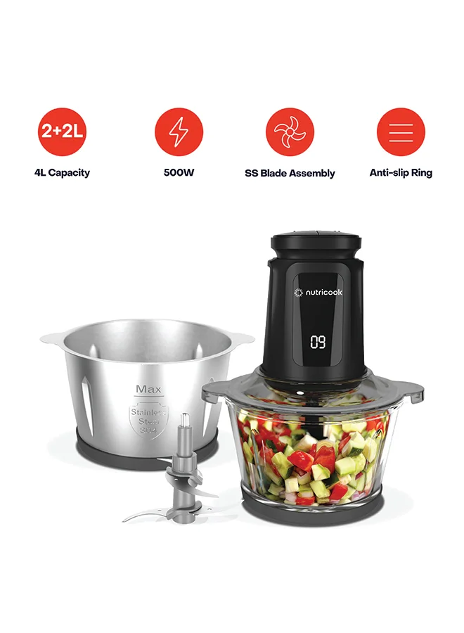 Nutricook Multi-Purpose Electric Food Chopper and Mincer with Glass Bowl (Black, 2 L, 500 W) 40g0z