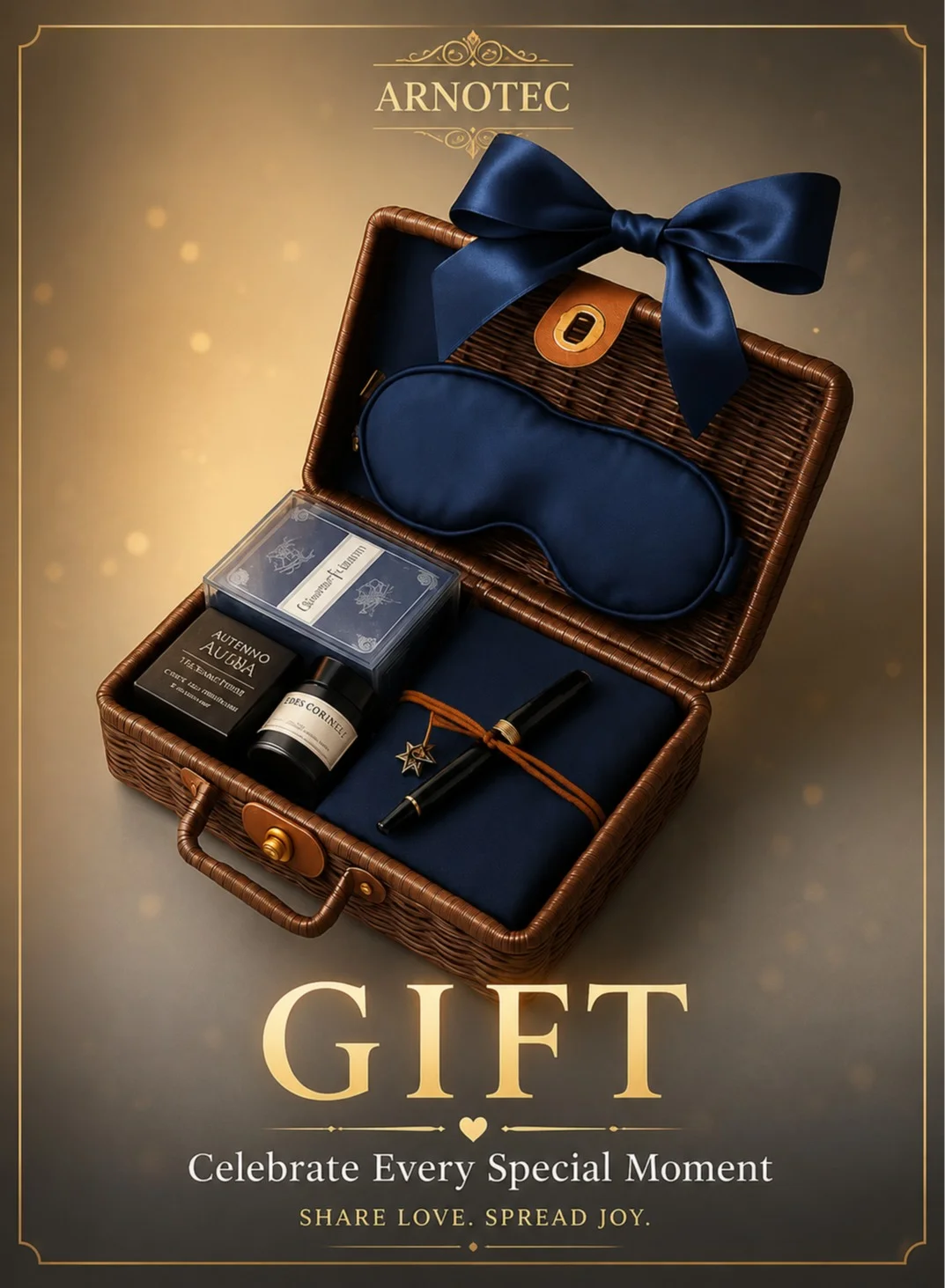ARNOTEC Luxury Men¡¯s Gift Set with Rattan Basket, Blue Notebook, Vintage Pen, Soap, Aromatherapy Wax, Towel & Satin Eye Mask (1 Set) 8djl7