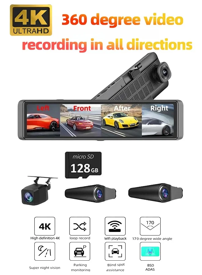 XiuWoo 12 Inch 4K Mirror Dash Cam 4-Channel 360¡ã Panoramic Recording System with Wi-Fi and Blind Spot Detection (30 cm) csb90