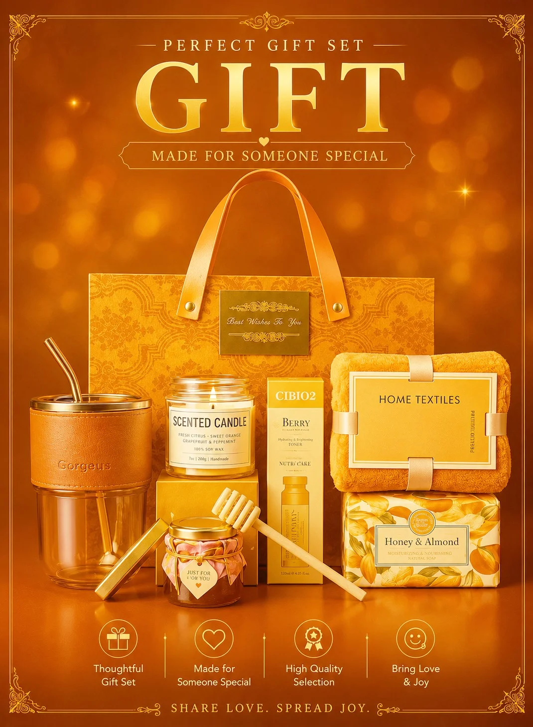 ARNOTEC Luxury Spa Gift Set for Women Orange-Themed Aromatherapy Collection with Scented Candle Honey Almond Soap Hand Cream Glass Cup and Towel (7-Piece Set) j9zlc