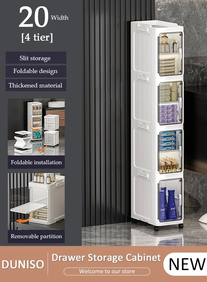 DUNISO 4-Tier Foldable Storage Cabinet with Wheels, Stackable Narrow Organizer with Magnetic Door for Bathroom Kitchen Laundry pekn3