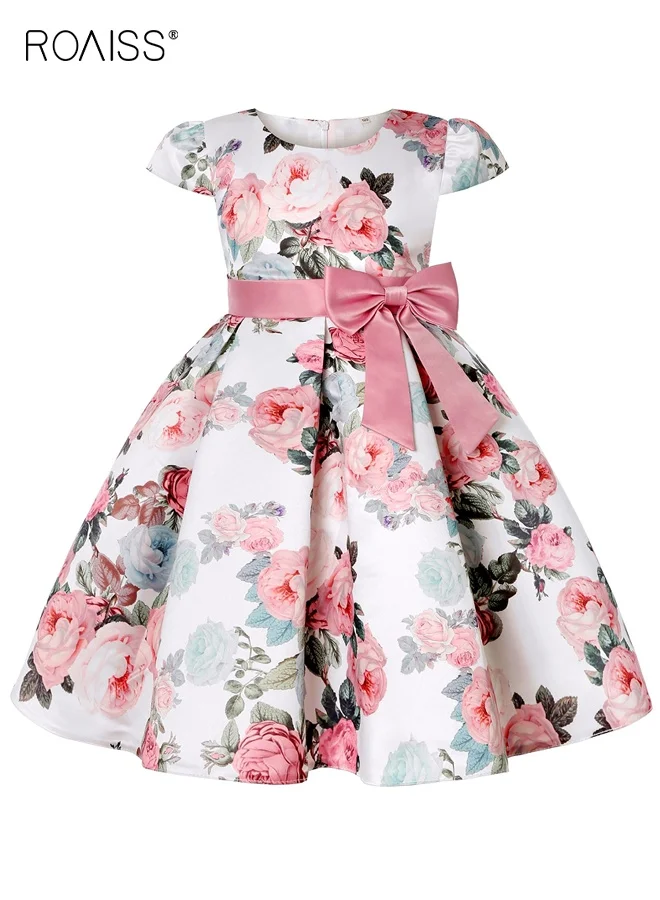 Roaiss Girls Summer A-Line Dress with Pink Bow and Back Zipper (Pink, 120cm) 4jish