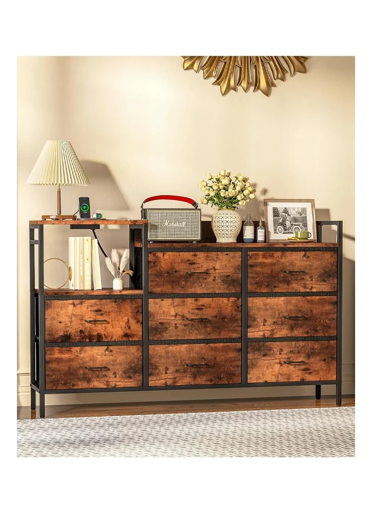 NKX 8-Drawer Dresser Storage Unit with Electric Charging Station (Brown, 133 cm) gmeg1