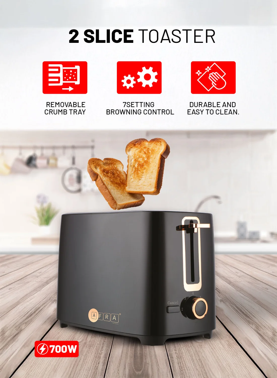 AFRA 2-Slice Toaster Premium Electric Bread Toaster with Golden Accents (700W, Black) 29gad