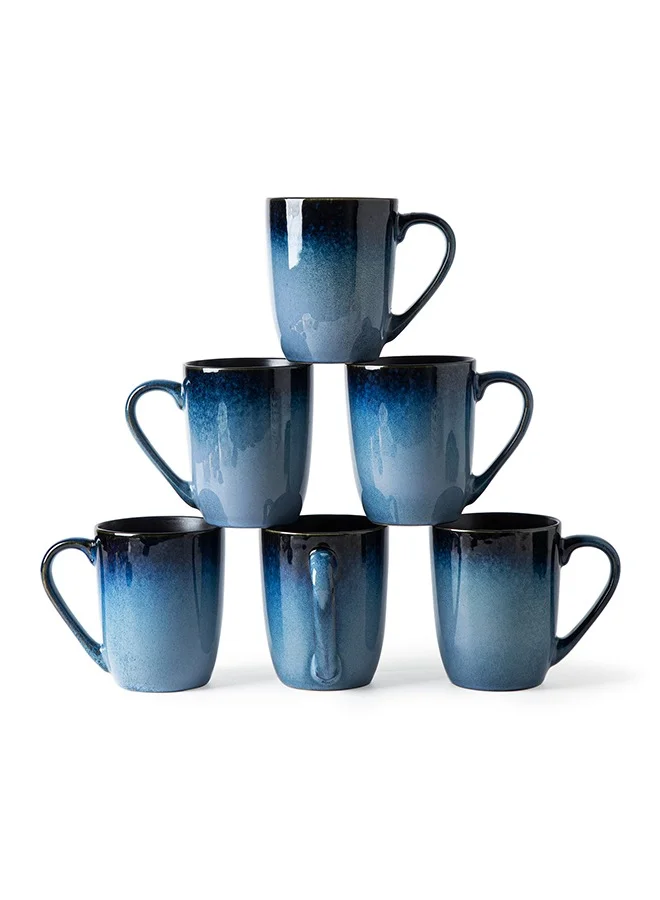 MONITO Ceramic Coffee Mugs Set, Modern Stoneware Drinkware for Tea and Latte (Blue, 415 mL, 6-Piece Set) lgpmj