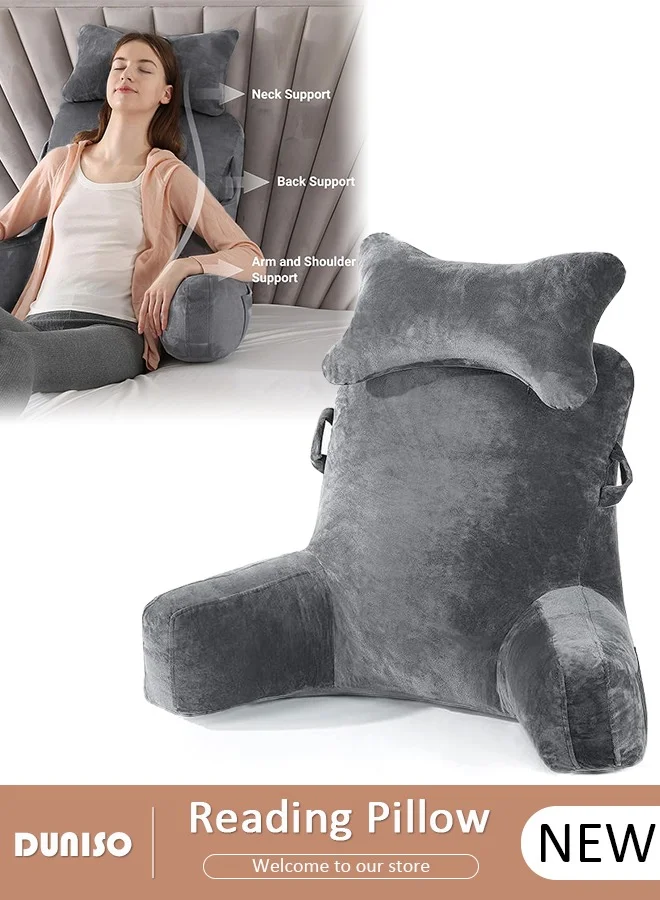 DUNISO Premium Bed Rest Reading Pillow with Detachable Neck Roll and Armrests, Ergonomic Back Support for Bed and Couch (Large) 1lgcs