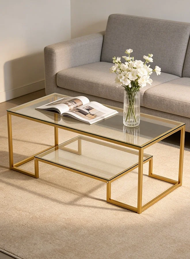 Migue home Modern Two Tier Glass Coffee Table with Gold Metal Frame (100cm x 60cm x 46cm) t1hz8