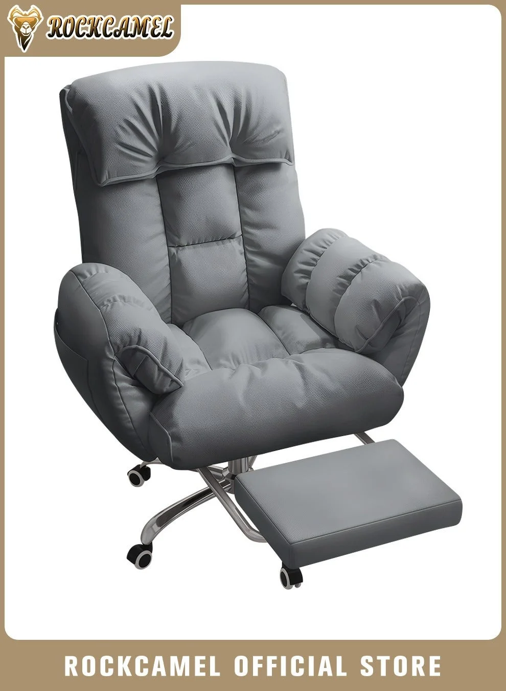 ROCKCAMEL Ergonomic Office Gaming Chair with Footrest and Lumbar Support (Grey, 10cm Height Adjustable) h6krv