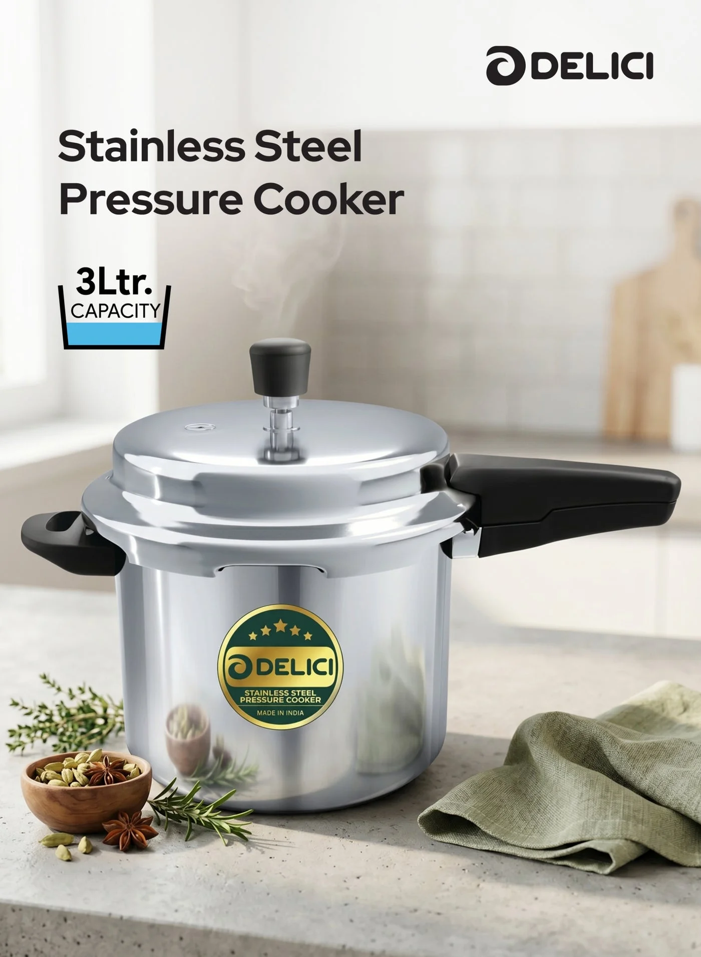 DELICI Stainless Steel Pressure Cooker, Heavy-Duty Induction Compatible Pot, Food-Grade Kitchen Cookware for Gas & Electric Stoves (Silver, 3 L) wnhy2