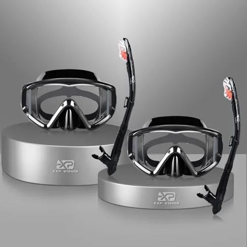 EXP VISION Professional Snorkeling Set 3-Window Diving Mask and Dry Top Snorkel Gear (Black, 2 Pack) lq9sy