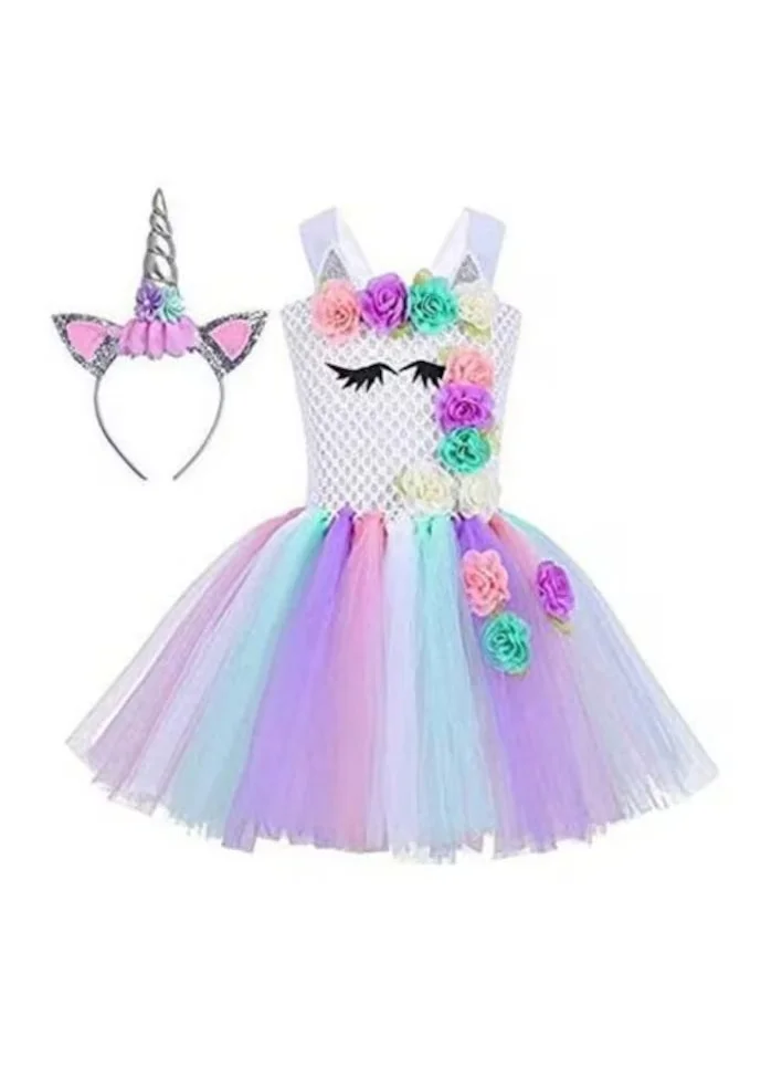 AIWANTO Girls Unicorn Princess Dress Rainbow Tulle Tutu Costume for Birthday Pageant (Multicolor, L - 130 cm) 6h1m6