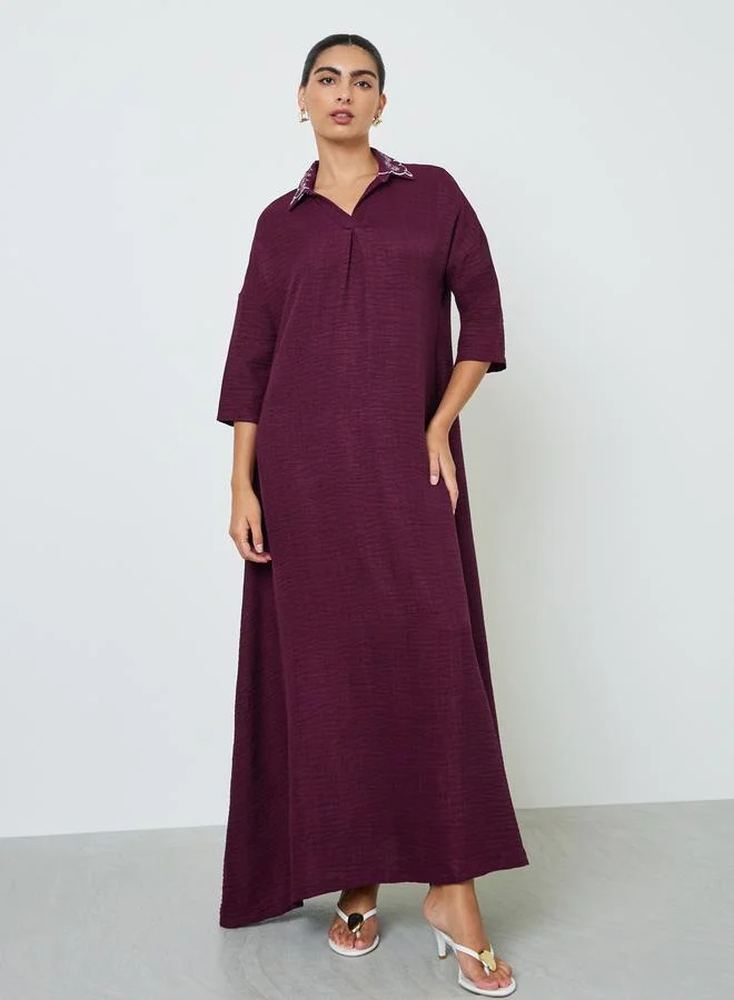 Amirah Burgundy Printed Collar Jalabiya Traditional Modest Dress for Women (One Size) 84ak1