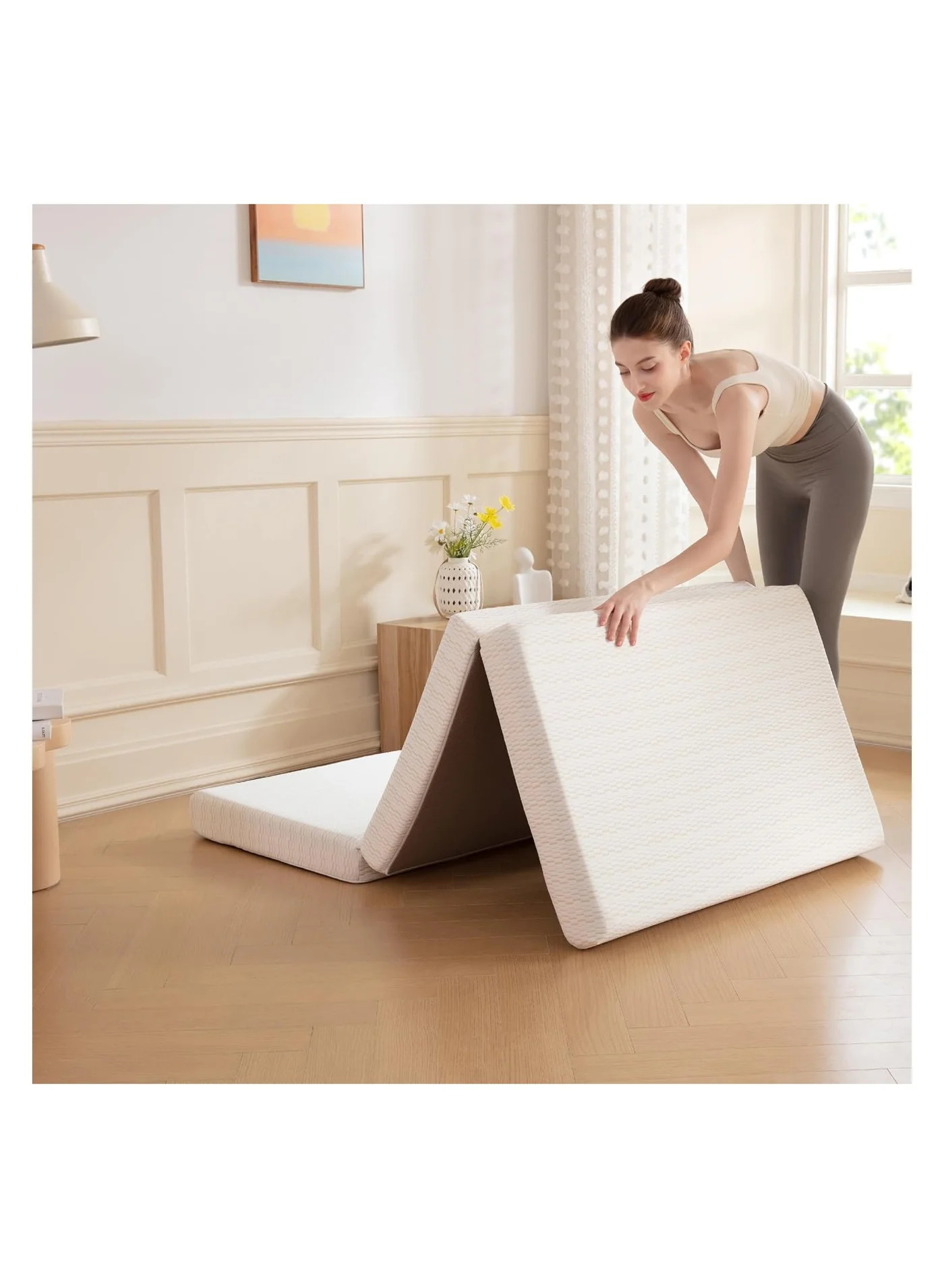 Premium Portable Folding Mattress (White, 180x90x10 cm) Quilted Knitted Cotton Fabric for Guest Bedding ua48w