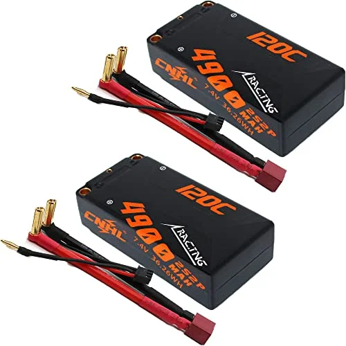 CNHL 2S Shorty LiPo Battery 4900mAh 7.4V 120C Hard Case with 5mm Bullet to T Plug for RC Vehicles (2 Packs) l76z4