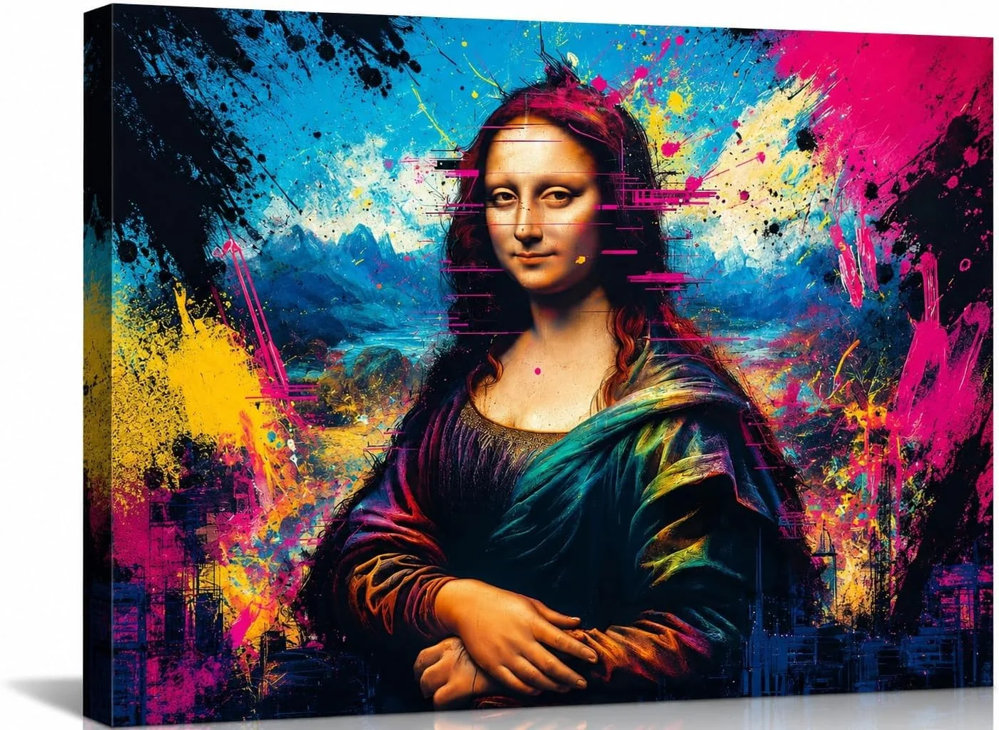 ARS Modern Mona Lisa Canvas Wall Art Urban Graffiti Street Art Poster with Neon Paint Splatters (60 cm x 90 cm) pixs6