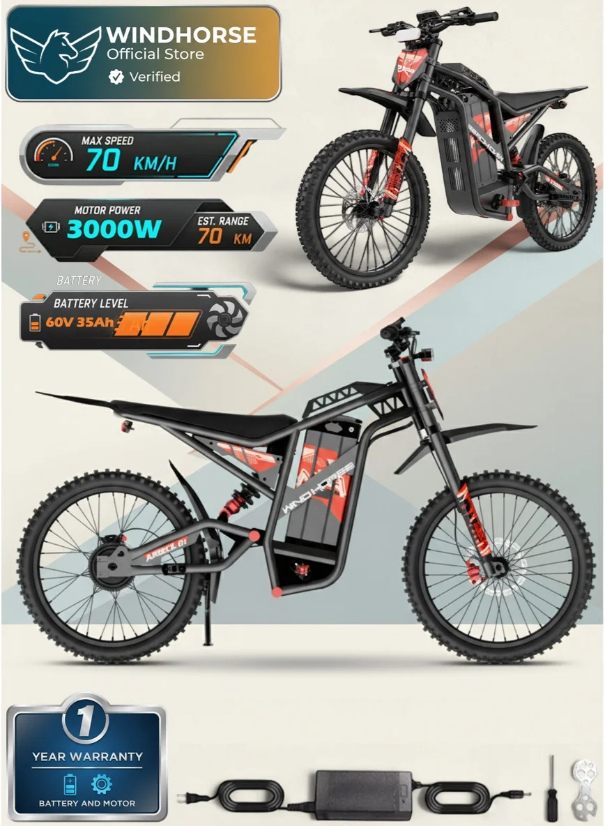 Wind Horse Y1 Electric Dirt Bike 3000W High-Performance Off-Road Motorcycle (Carbon Alloy Frame, 60V 35Ah Battery, 70km/h Speed) txje7