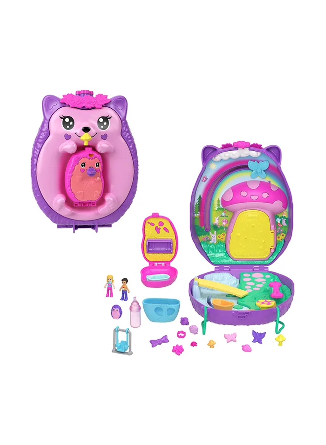 Portable Hedgehog Purse Playset with 2 Micro Dolls and 16 Accessories (Compact Travel Toy Set) pw3be