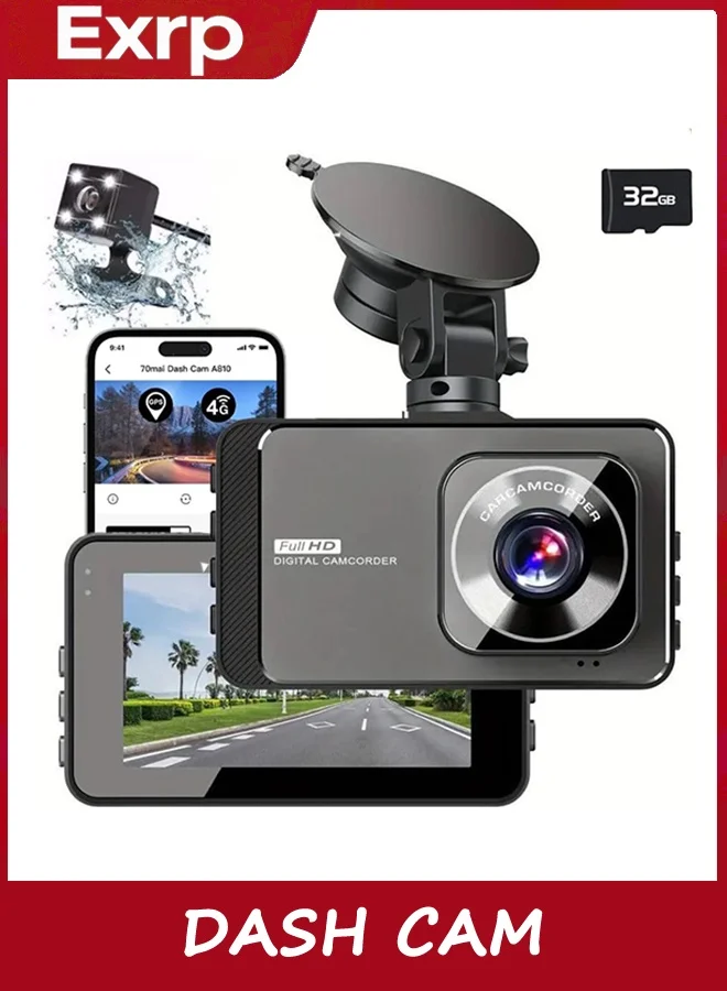 Exrp Dual Dash Cam 4K Front and 2K Rear Camera System with 5G WiFi and 32GB Memory Card (3-inch IPS Screen) nfpvr