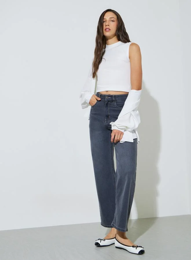 Styli Mid Rise Straight Leg Jeans for Women (Grey, 30) l59q8