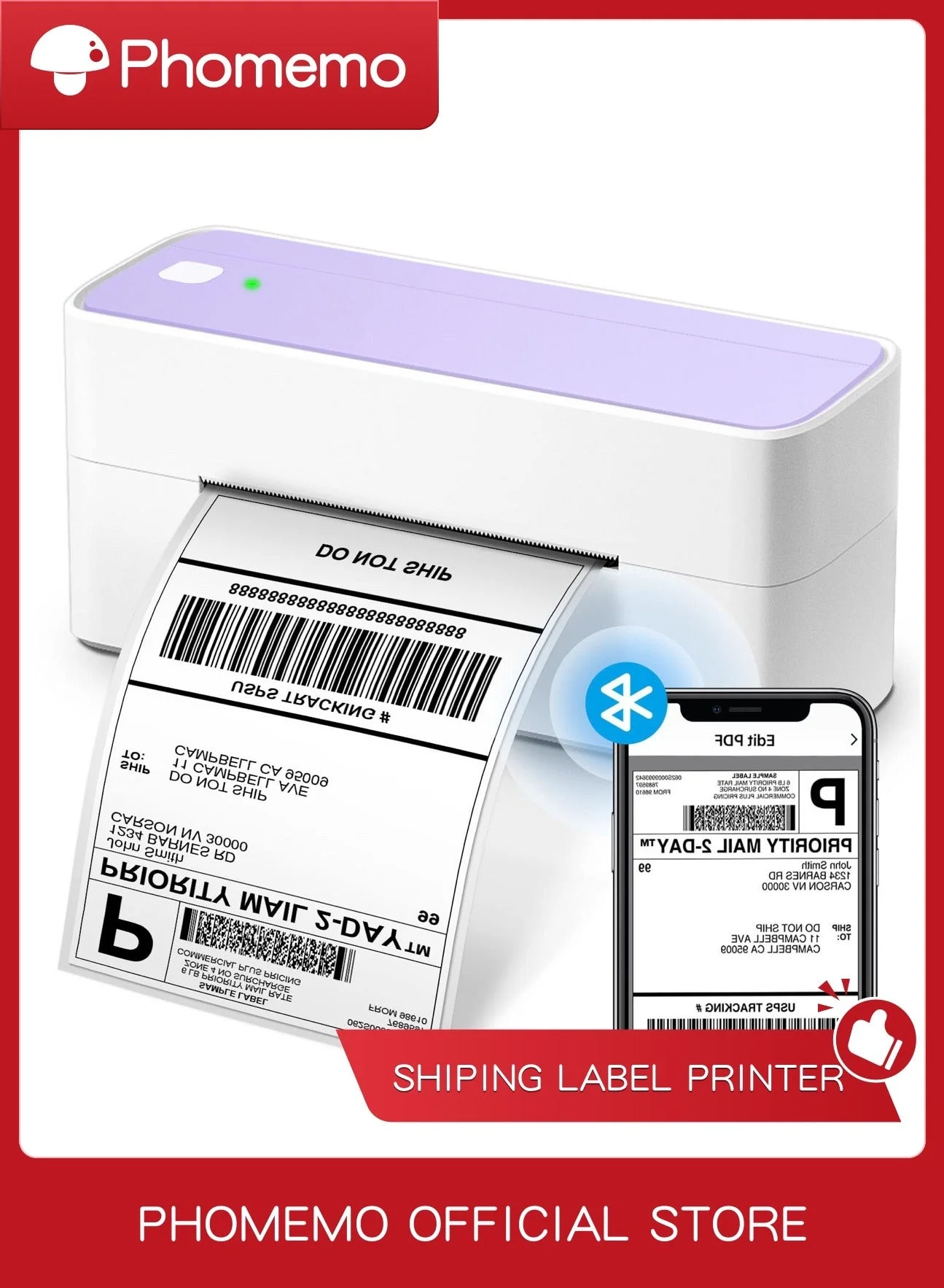 Thermal Label Printer Wireless Bluetooth Shipping Label Maker for Small Business (Purple, 10 x 4x6 inch Sheets) tg3sg
