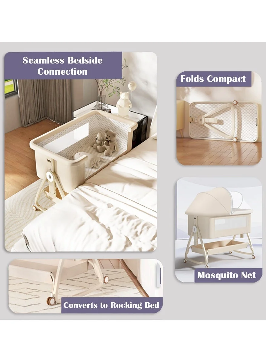 Premium 3-in-1 Baby Bassinet Bedside Sleeper with Breathable Mesh and Storage Basket (Beige) e00ln