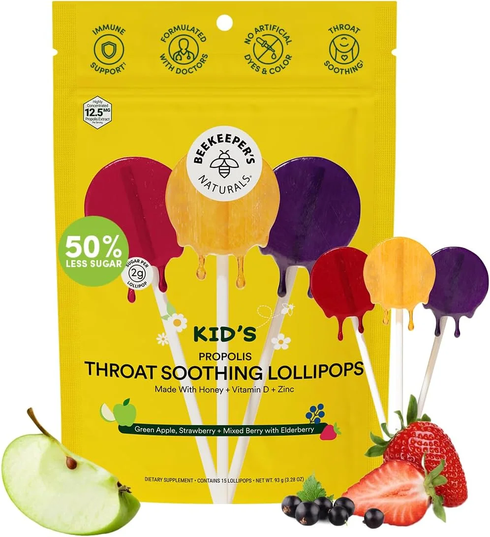 Beekeeper's Naturals Kids Throat Soothing Lollipops with Vitamin D and Honey (15 Count) 8yrxj