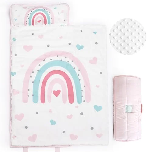 Toddler Nap Mat with Removable Pillow and Minky Blanket Rollup Design for Daycare Preschool Travel (Rainbow, 127x51 cm) dergg