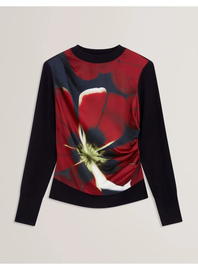 Premium Printed Draped Front Knitted Top Elegant Long Sleeve Blouse for Women (One Size) 1vvvd