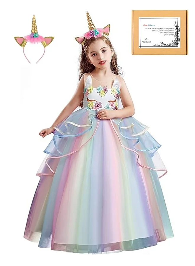 We Happy Girls Floral Unicorn Princess Dress Rainbow Party Gown for Birthday Carnival (Multi-Color, 120cm) xo0ez