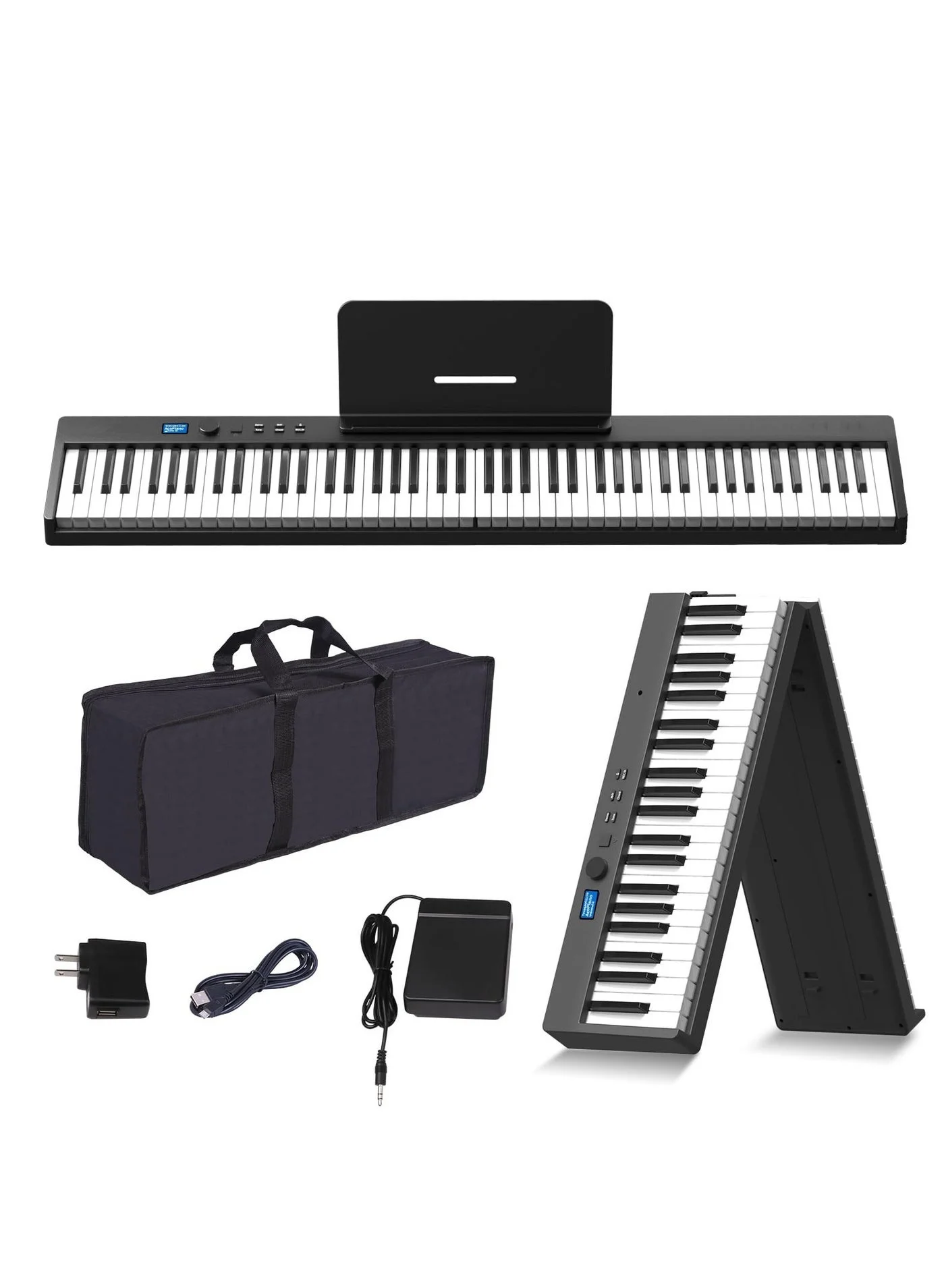 WALALLA 88-Key Folding Piano Keyboard, Full Size Semi-Weighted Portable Electronic Keyboard with Bluetooth, Sustain Pedal, and Carrying Bag (Black) 0mha8