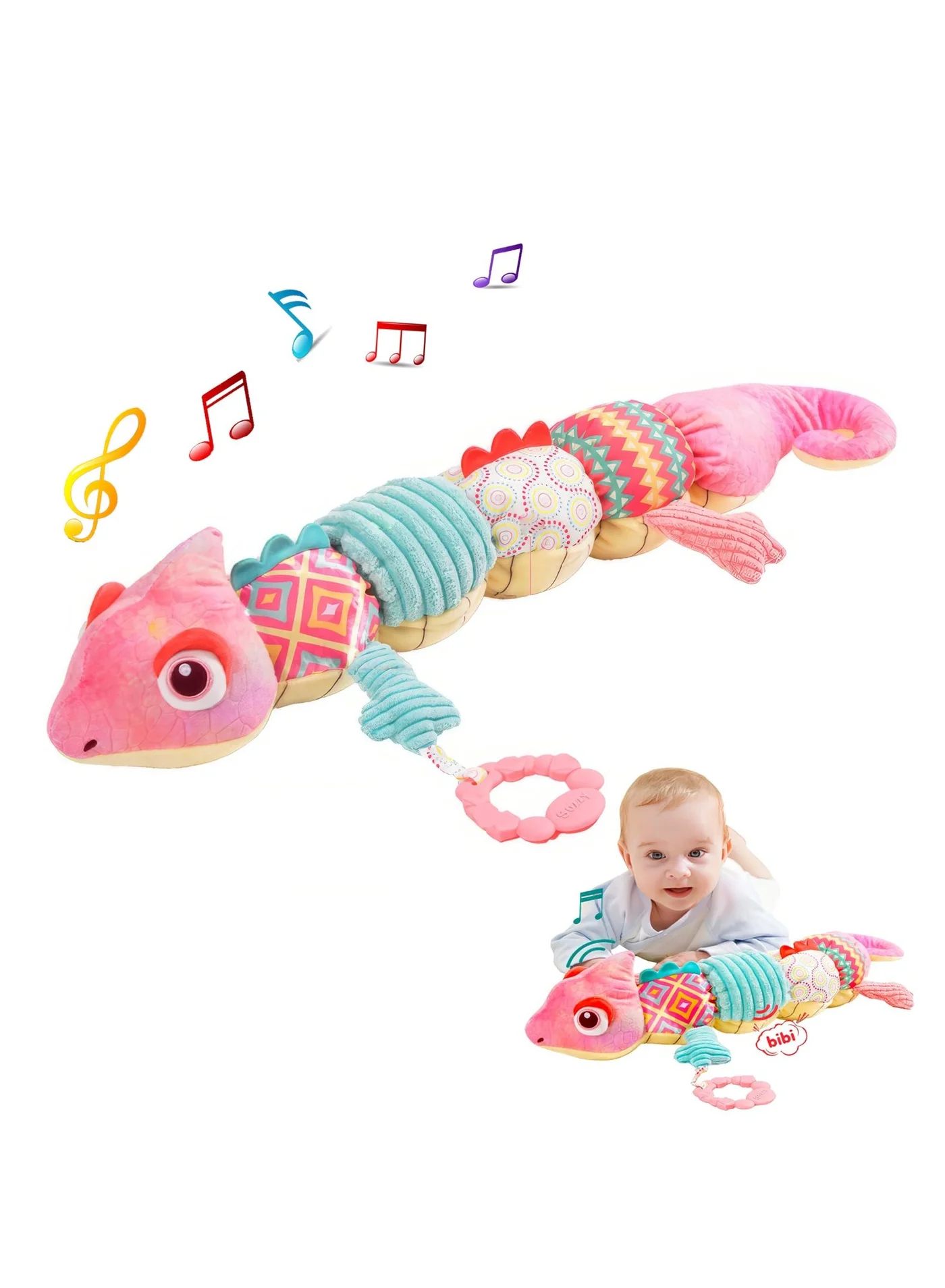 SOLARAE Musical Stuffed Animal Sensory Plush Toy with Crinkle Sounds and Rattle for Newborns and Infants (Pink Chameleon, 25 cm) juxwk