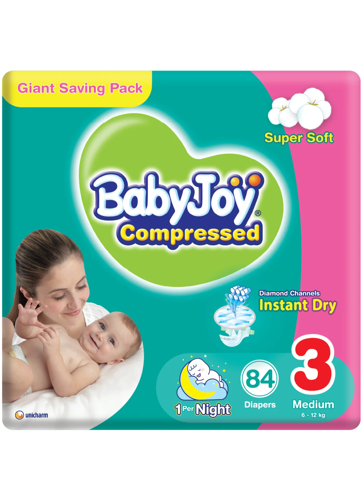 BabyJoy Compressed Diamond Pad Diapers Size 3 Medium (6-12 kg, 84 Count) vny31
