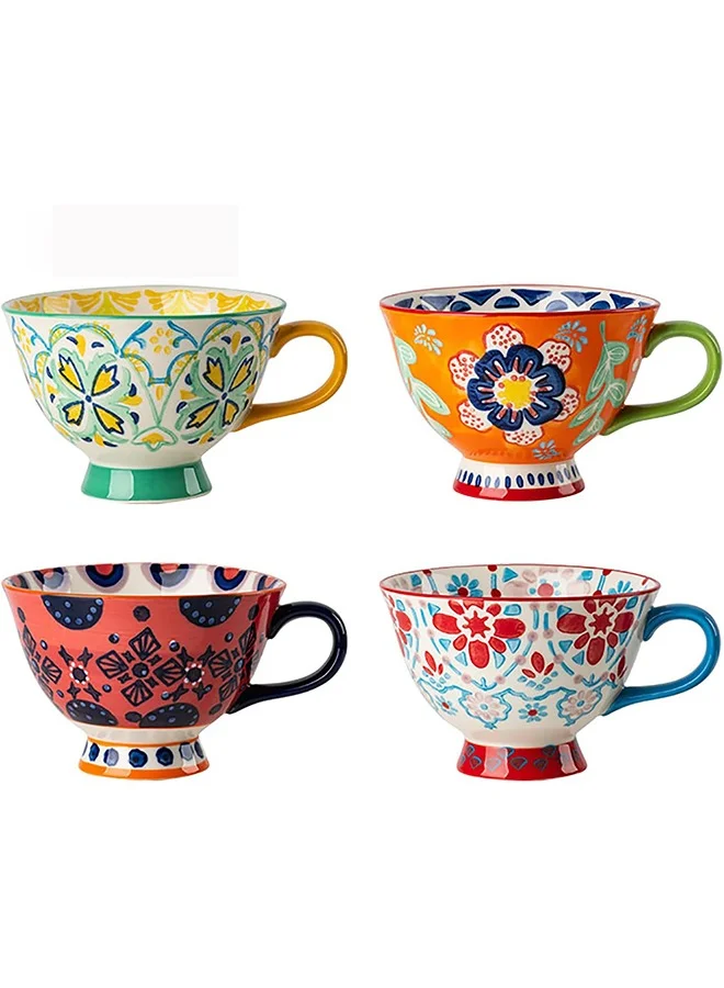 Garlo Large Coffee Mugs Set of 4, 420mL Footed Ceramic Cups for Latte Cappuccino and Hot Chocolate (Farmhouse Pattern, 420mL) 95yvy