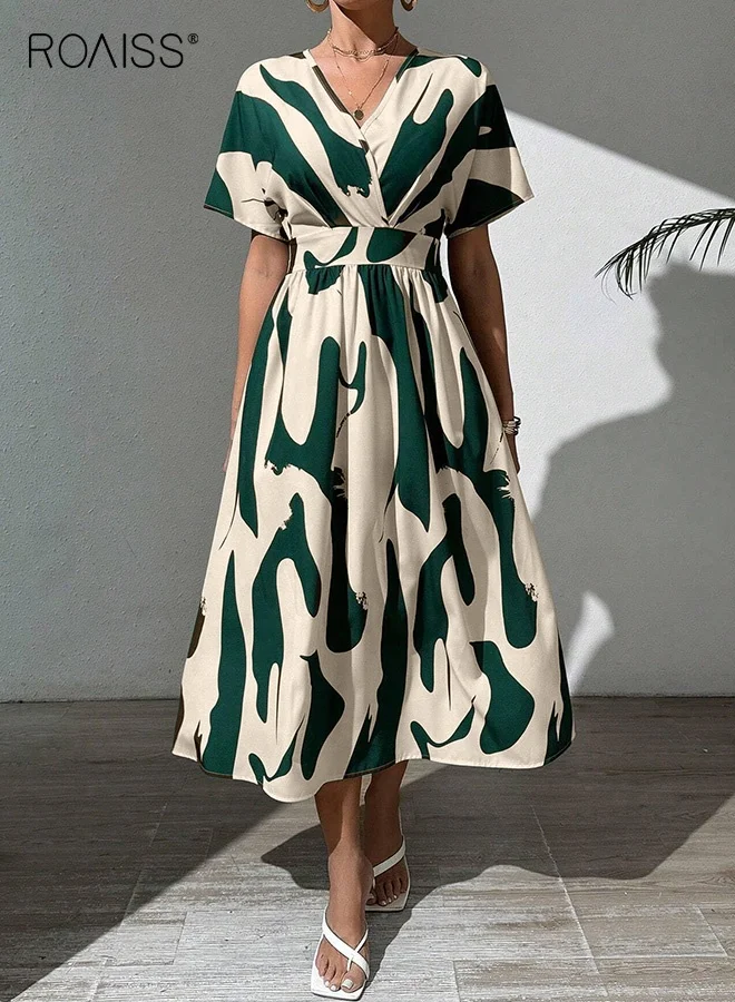 Roaiss Women Printed Maxi Dress V Neck Short Sleeve A-Line Elegant Retro High Waist Frock for Daily Wear y8g1z
