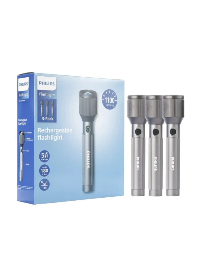 Professional Aircraft Aluminium LED Rechargeable Flashlight High-Intensity Zoomable Torch (Grey, Pack of 3, 22.5cm) fd5cz