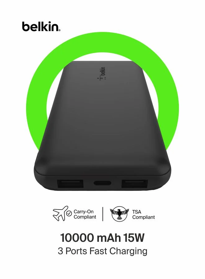 Premium Portable Power Bank 10000mAh High-Capacity External Battery Charger with USB-C and Dual USB-A Ports (Black, 10000mAh) g4wpz