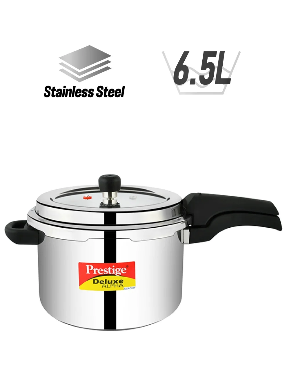 Prestige Deluxe Alpha Svachh Stainless Steel Pressure Cooker (Silver, 6.5L) Induction Compatible Heavy-Duty Kitchenware 5nnnw