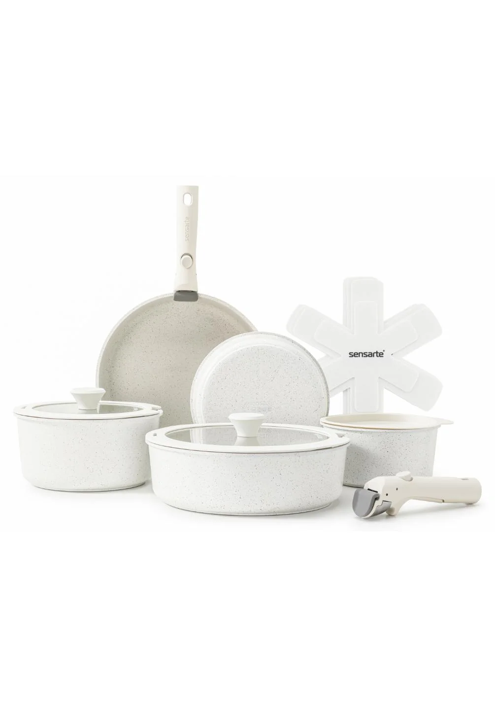 Premium Nonstick Cookware Set with Detachable Handles, 14-Piece Induction Compatible Stackable Kitchen Pots and Pans (White, 14-Piece Set) mt20d