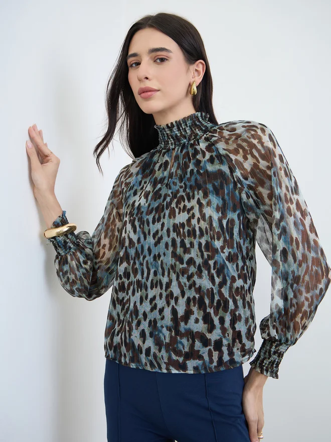 Styli Animal Print Lurex Semi Sheer Blouse Lightweight Elegant Long Sleeve Top for Women touj1
