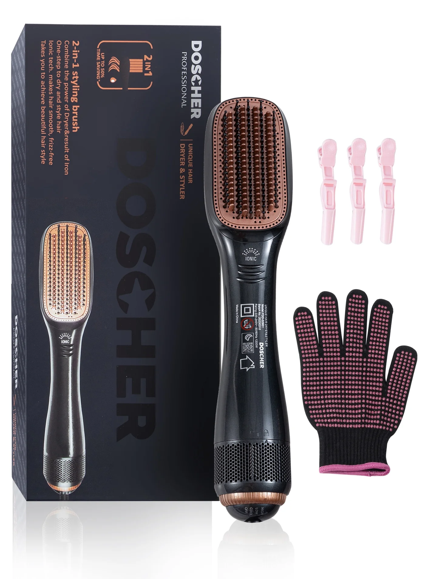 DOSCHER Professional Hair Dryer Brush 1200W Ceramic Styler 2-in-1 Volumizing Hot Air Tool (Black, 1 Piece) 8r9tp