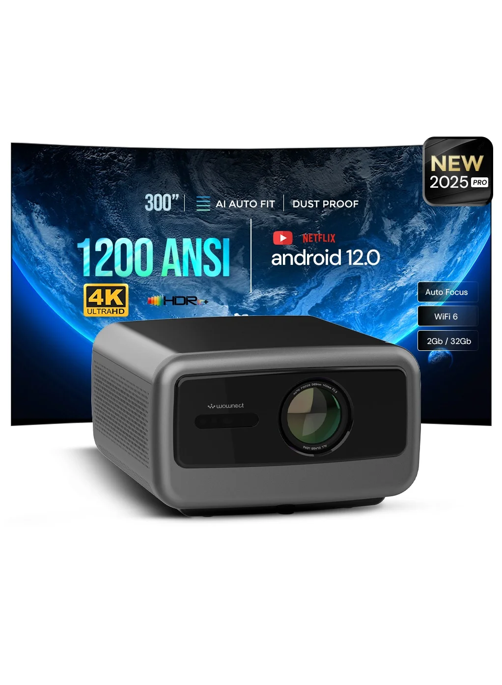 Wownect Smart Android 12.0 Projector 4K FHD 1080P 1200 ANSI Home Theater System (2G+32G, WiFi 6, BT 5.0) kriwh
