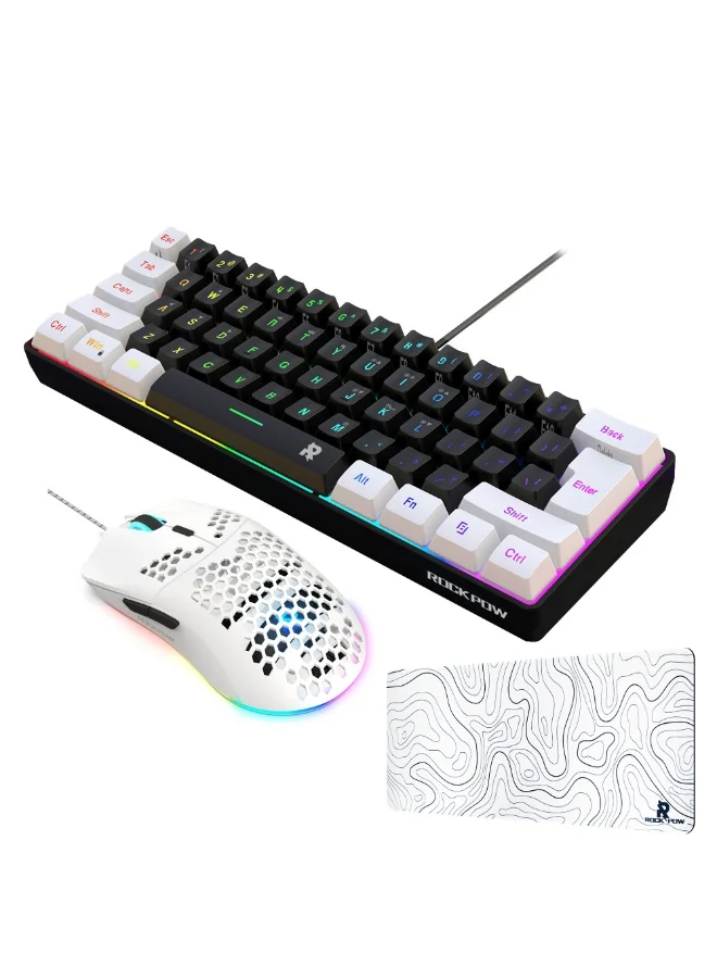 Rock Pow 3-in-1 Wired Gaming Combo 61-Key RGB Keyboard Ultralight 8000DPI Optical Mouse and Large 700x300mm Mouse Pad for PC Gamers 3q7iy